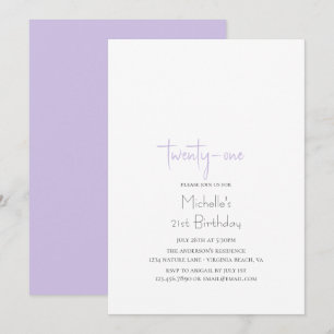 Invitación Cumpleaños 21 Simple Moderno Minimalista Lavanda