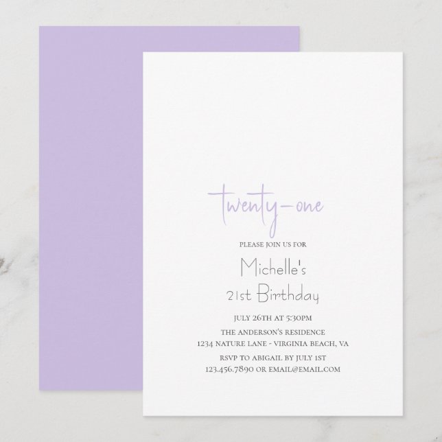 Invitación Cumpleaños 21 Simple Moderno Minimalista Lavanda (Anverso / Reverso)