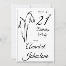 Invitación Cumpleaños 21 Snowdrop Floral Negro Y Blanco