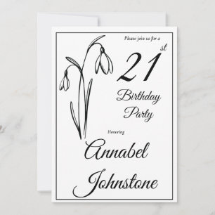 Invitación Cumpleaños 21 Snowdrop Floral Negro Y Blanco