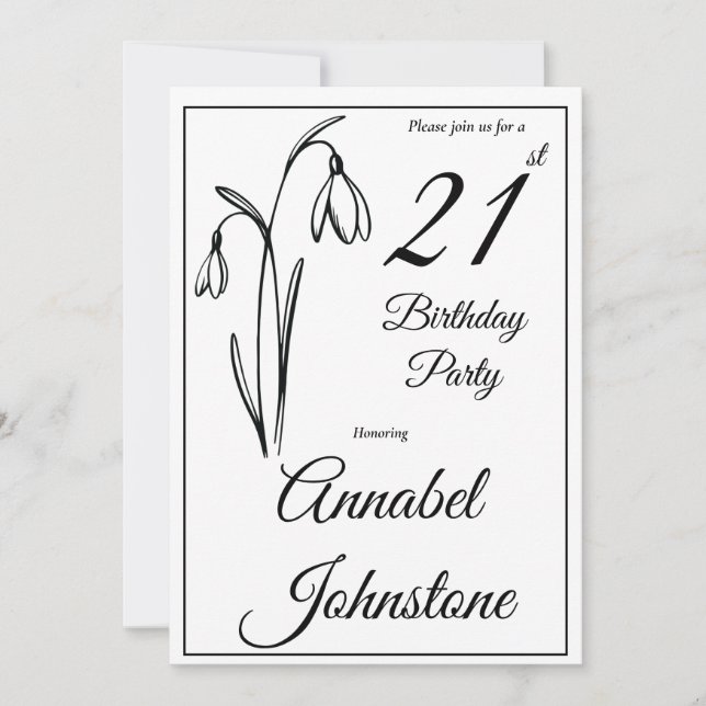Invitación Cumpleaños 21 Snowdrop Floral Negro Y Blanco (Anverso)
