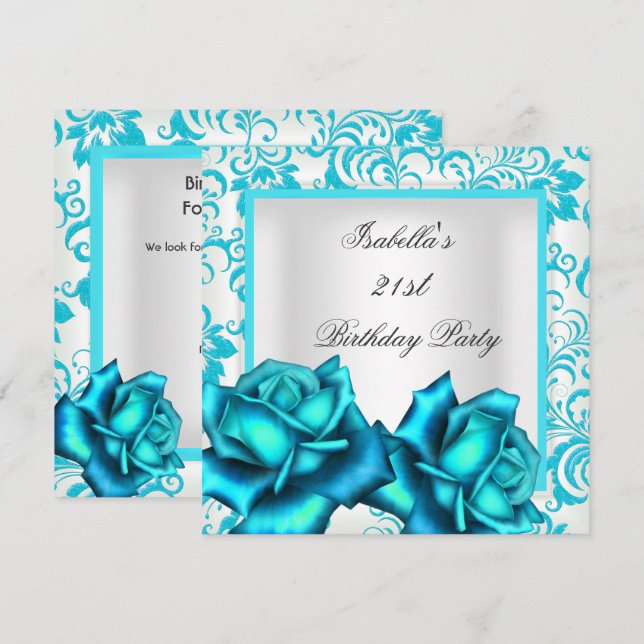 Invitación Cumpleaños 21 Teal Azul Floral Rosa Blanco (Anverso / Reverso)