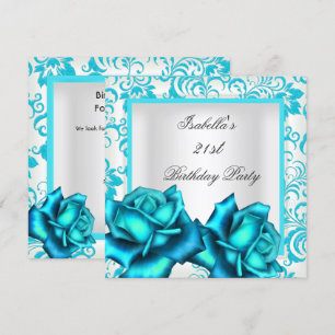 Invitación Cumpleaños 21 Teal Azul Floral Rosa Blanco