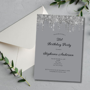 Invitación Cumpleaños 21 Tendencia Gris Plateado con Brillo q