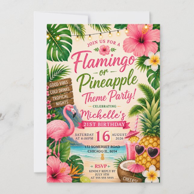 Invitación Cumpleaños 21 Tropical Flamingo Piña (Anverso)