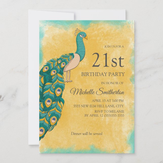 Invitación Cumpleaños 21 Verde Amarillo Acuarela Pavo Real (Anverso)