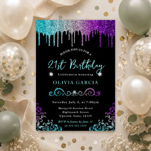 Invitación Cumpleaños 21 Verde azulado Plateado y Purpura Bri
