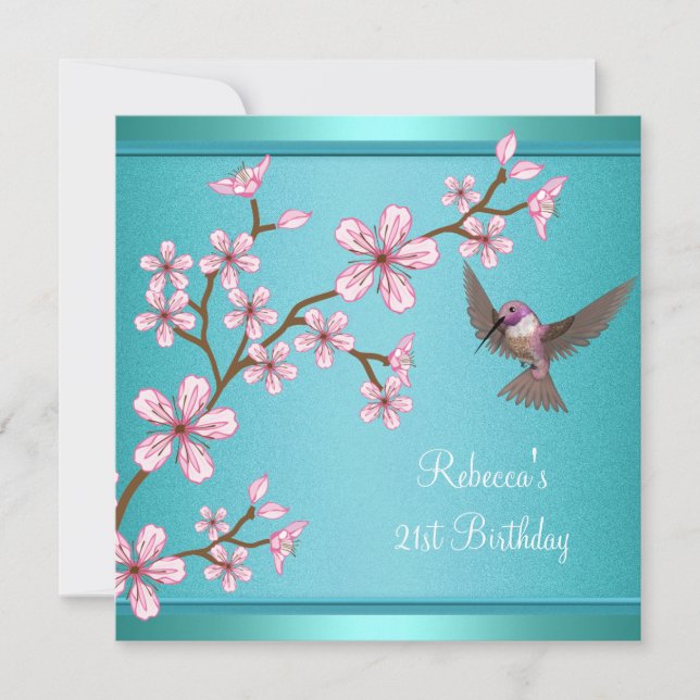 Invitación Cumpleaños 21 Verde Teal Flores Asiáticas Pájaro R (Anverso)