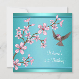 Invitación Cumpleaños 21 Verde Teal Flores Asiáticas Pájaro R