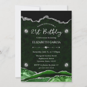 Invitación Cumpleaños 21 Verde y Plata con Brillo de Ágata
