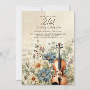 Invitación Cumpleaños 21 Vintage Violín Flores Azules Polvori