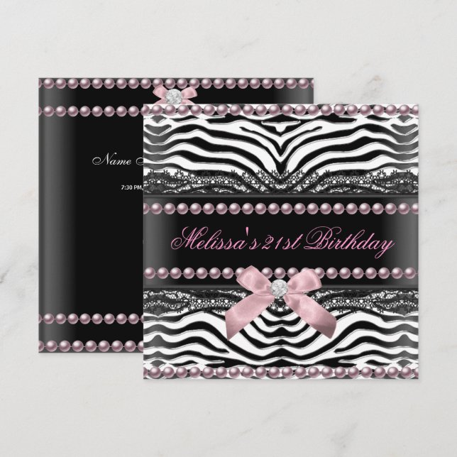 Invitación Cumpleaños 21 Zebra Rosa Blanco Encaje Perla (Anverso / Reverso)