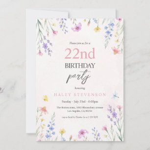 Invitación Cumpleaños 22 con flores silvestres en acuarela pa