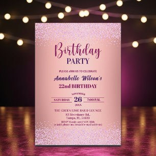 Invitación Cumpleaños 22 Elegante Rosa Brillante Metálico 