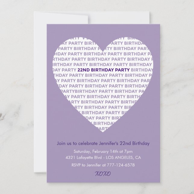 invitación cumpleaños 22 niña tipografía púrpura (Anverso)