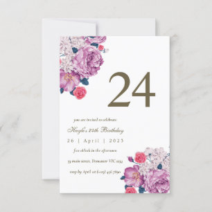 Invitación Cumpleaños 24 Botánico Floral Púrpura Simple Chic