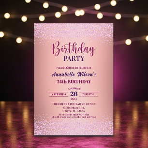 Invitación Cumpleaños 24 Elegante Rosa Brillante Metálico 