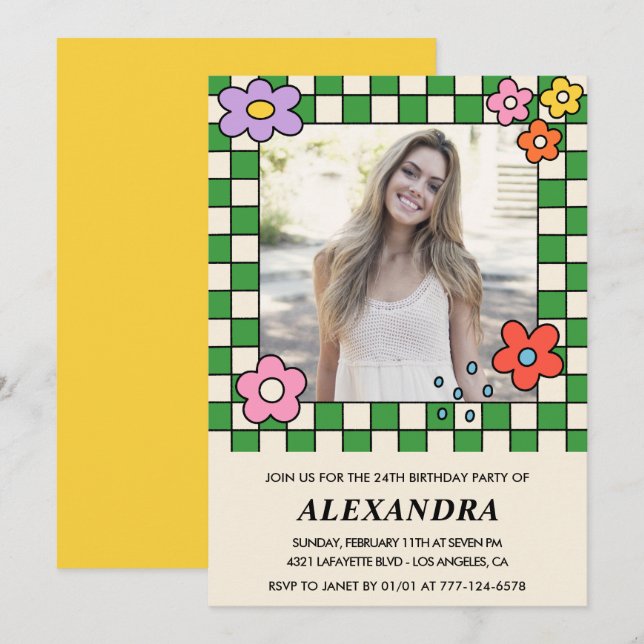 Invitación cumpleaños 24 niña Retro Floral Groovy (Anverso / Reverso)