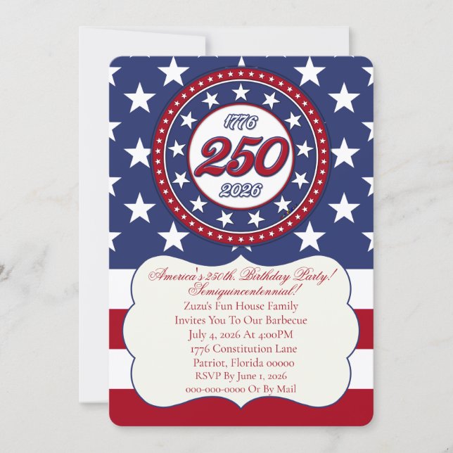 Invitación Cumpleaños 250 de América con bandera de EE. UU. (Anverso)