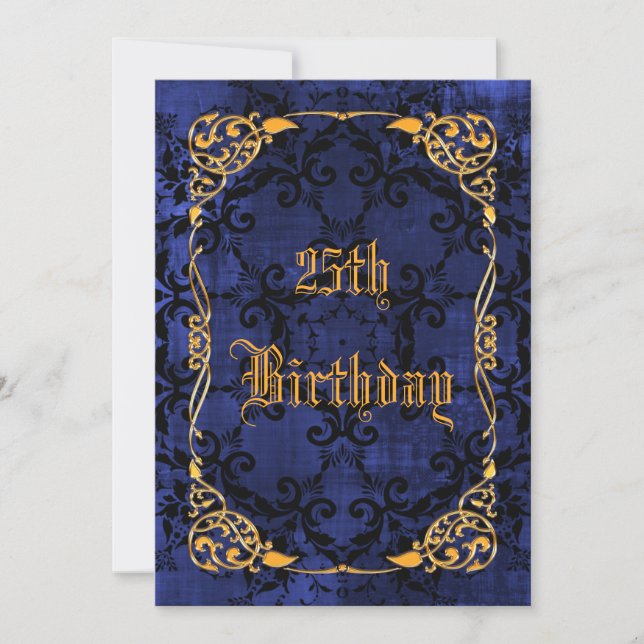 Invitación Cumpleaños 25 Blue Gothic & Gold enmarcado (Anverso)