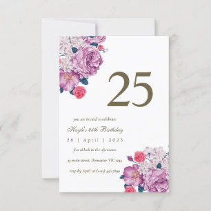 Invitación Cumpleaños 25 Botánico Floral Púrpura Simple Chic