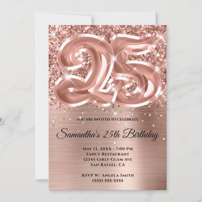 Invitación Cumpleaños 25 Brillante Glitter Rosa Dorado Glam (Anverso)