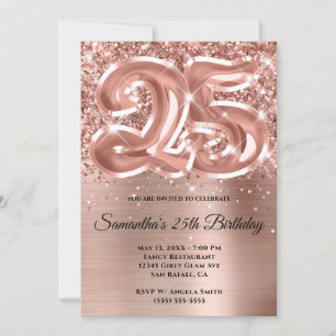 Invitación Cumpleaños 25 Brillante Glitter Rosa Dorado Glam