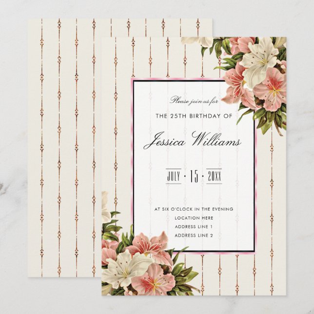Invitación Cumpleaños 25 Chic Corner Lilies & Gold (Anverso / Reverso)