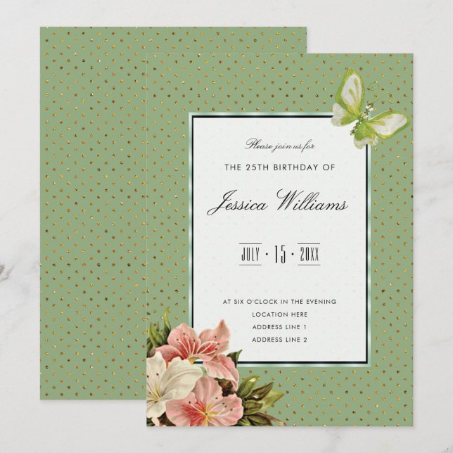 Invitación Cumpleaños 25 Chic Lilies & Gem Butterfly (Anverso / Reverso)