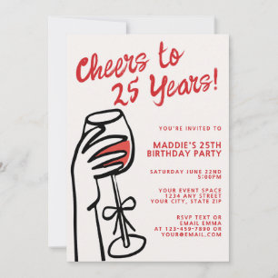 Invitación Cumpleaños 25 con vino tinto dibujado a mano senci