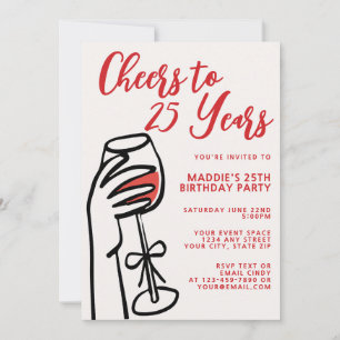 Invitación Cumpleaños 25 con vino tinto dibujado a mano simpl