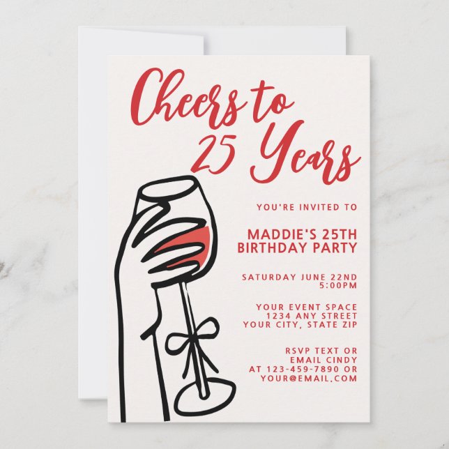 Invitación Cumpleaños 25 con vino tinto dibujado a mano simpl (Anverso)