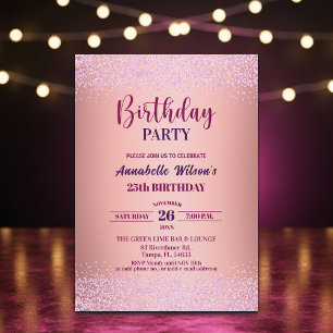 Invitación Cumpleaños 25 Elegante Rosa Brillo Metálico 