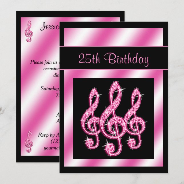 Invitación Cumpleaños 25 Elegantes Claves de Sol Rosadas (Anverso / Reverso)