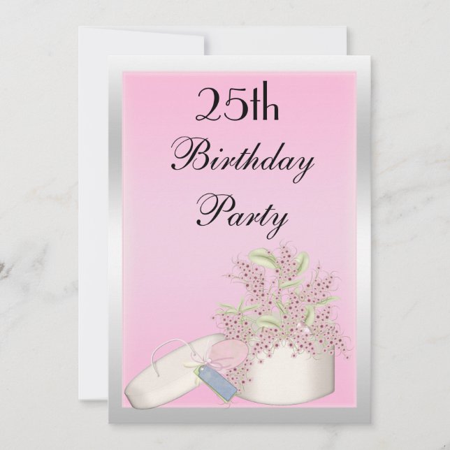 Invitación Cumpleaños 25 Floral Rosa y Plata (Anverso)