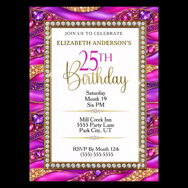 Invitación Cumpleaños 25 Glam Pink Gold Joyas Strata (Elegant pink, purple and gold jeweled 25th birthday party invitation with diamond accents.
)