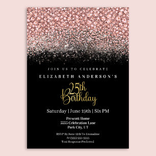 Invitación Cumpleaños 25 Glamour Rosa Brillante Joyas