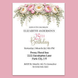 Invitación Cumpleaños 25 Hermosa Peonía Rosa y Blanca