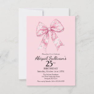 Invitación Cumpleaños 25 lazo rosa con lunares de pelota de g