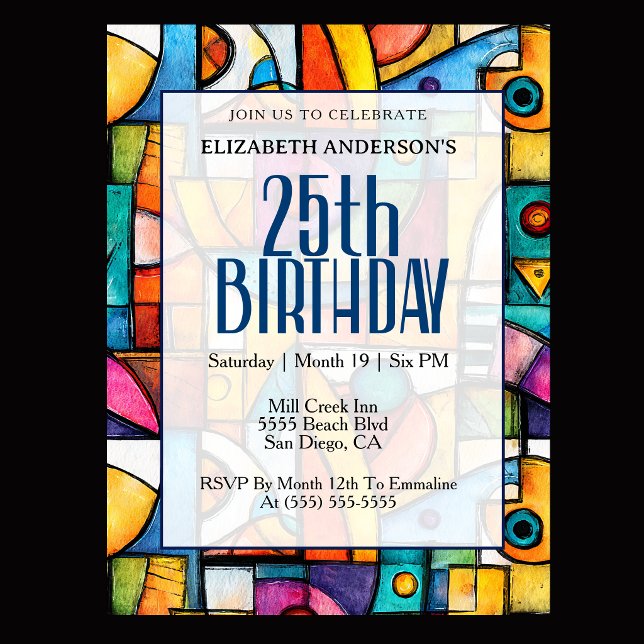 Invitación Cumpleaños 25 Moderno Cubista (Modern colorful abstract 25th birthday invitation for elegant milestone celebration
)