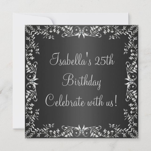 Invitación Cumpleaños 25 Negro y Floral de Metal Plateado (Anverso)