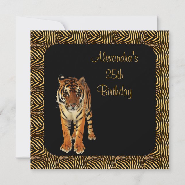 Invitación Cumpleaños 25 Tigre con Marco de Impresión Animal (Anverso)