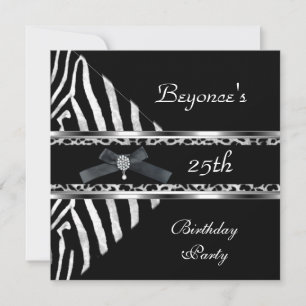 Invitación Cumpleaños 25 Zebra Leopardo Negro Plat