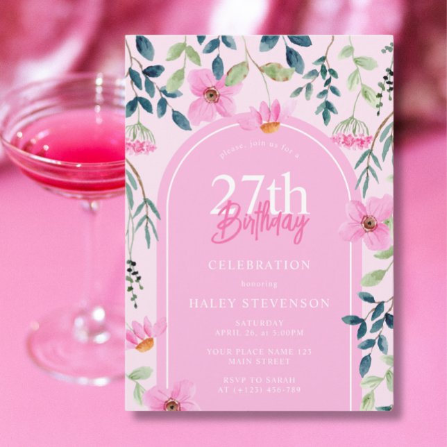 Invitación Cumpleaños 27 Floral Rosa Flor Silvestre Femenino  (Subido por el creador)