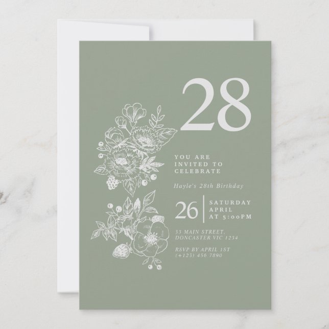 Invitación Cumpleaños 28 Botanical Wildflower Sage Verde (Anverso)