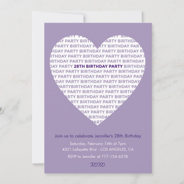 invitación cumpleaños 28 tipografía chica púrpura (Anverso)