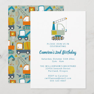 Invitación Cumpleaños 2 años de Camiones Excavadoras de Const