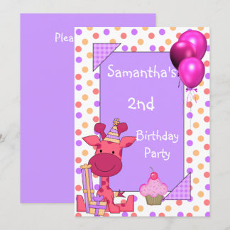 Invitación Cumpleaños 2 años jirafa cupcakes globos Mauve
