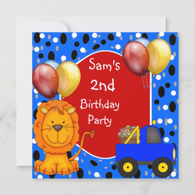 Invitación Cumpleaños 2 años manchas Camión León Cupcake Glob (Anverso)