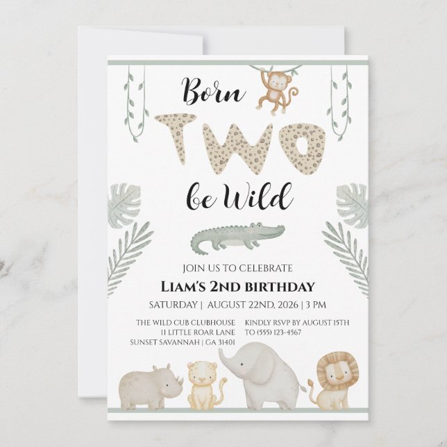 Invitación Cumpleaños 2 Born Two Be Wild Jungle Safari (Anverso)